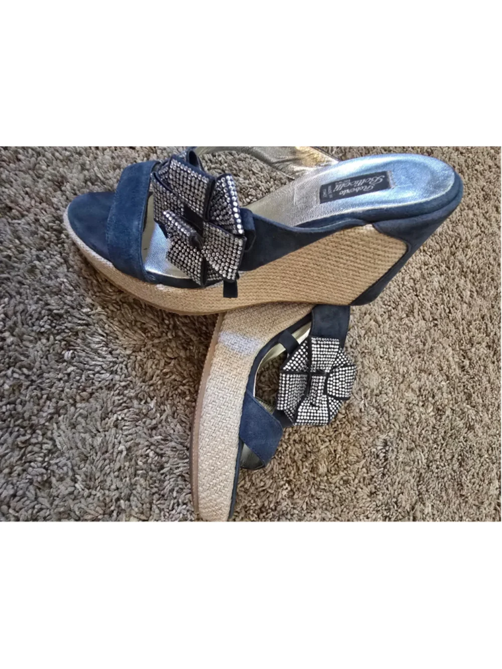 Roberto Botticelli Made In Italy Blue Suede Wedge Sandals Silver Navy 7/ 7.5